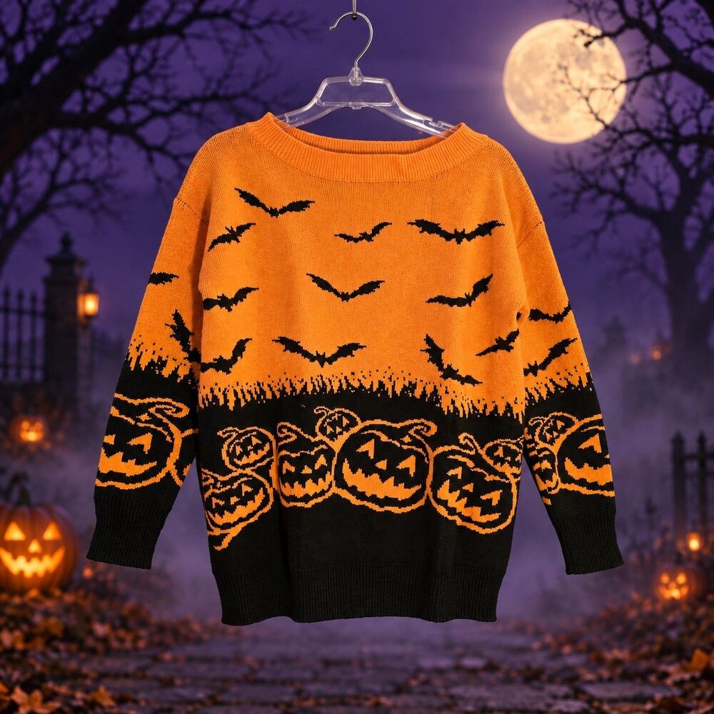 Vimpunec Halloween Pumpkin Bat Sweater Orange Spooky Black Women’s Small NWT C83